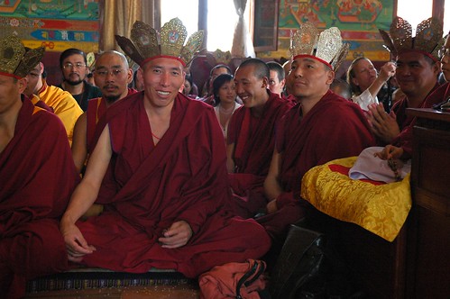 Senior lamas wearing 5 Dhyani Buddha crowns for high yoga tantra initiation, sangha, Sakya Lamdre, Tharlam Monastery of Tibetan Buddhism, dorje, Boudha, Kathmandu, Nepal by Wonderlane