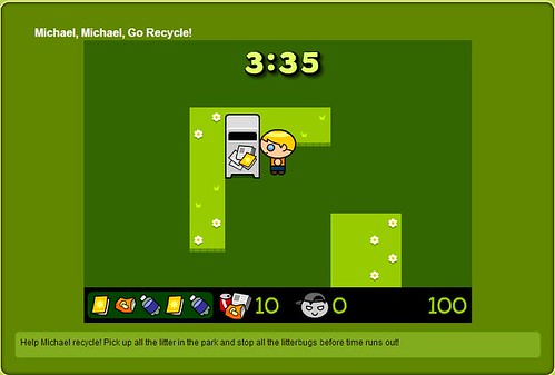玩家扮演小麥可，蒐集散落在迷宮中的垃圾後，依照分類，丟進相配的垃圾桶。圖片來源：FunSchool.com（版權所有，未經許可，請勿轉載）
