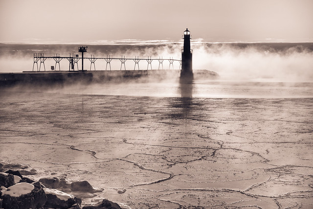 lighthouse, fog, Ice, Algoma, Wisconsin, WI, Monochrome, B&W, Black and White, Mist, Lake Michigan