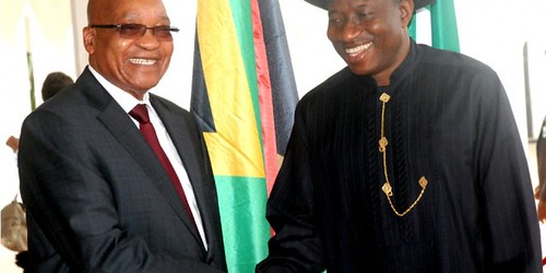 Republic of South Africa President Jacob Zuma visited the Federal Republic of Nigeria on April 16, 2013. He is photographed with Nigerian President Goodluck Jonathan. by Pan-African News Wire File Photos