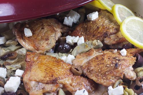 Braised Chicken Thighs with Artichokes, Olives & Feta