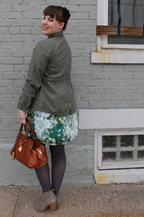 St. Patrick's Day outfit: watercolor dress, embellished military jacket: Anthropologie "Itinerant Anorak", gray tights, gray ankle boots