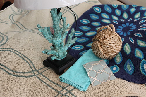 Beach House decor. Coral lamp. Aqua and blues. Nautical knot.