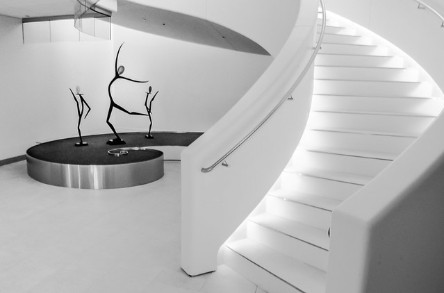 Stairway, Lighted, Curved, Statutes, Dancing Sprites, Monochrome