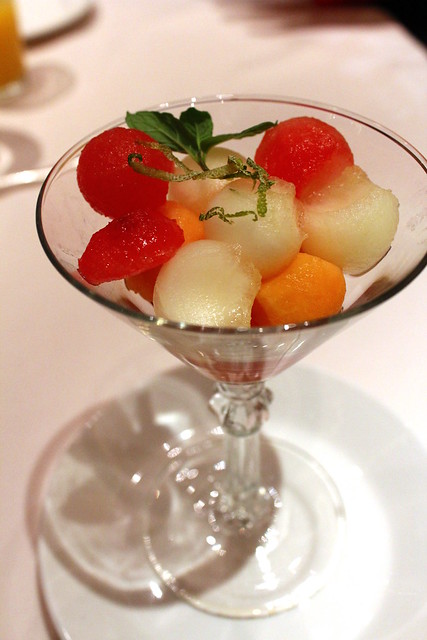 Trio of Cantaloupe, Honeydew and Watermelon doused with vintage port wine and lime zest