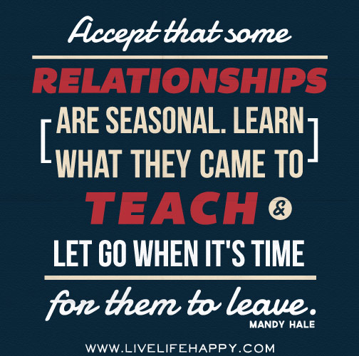 Accept that some relationships are seasonal. Learn what they came to teach and let go when it's time for them to leave. - Mandy Hale
