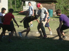 Zach Coverdale and David Yoder scrabble against Bezaleel school's soccer team