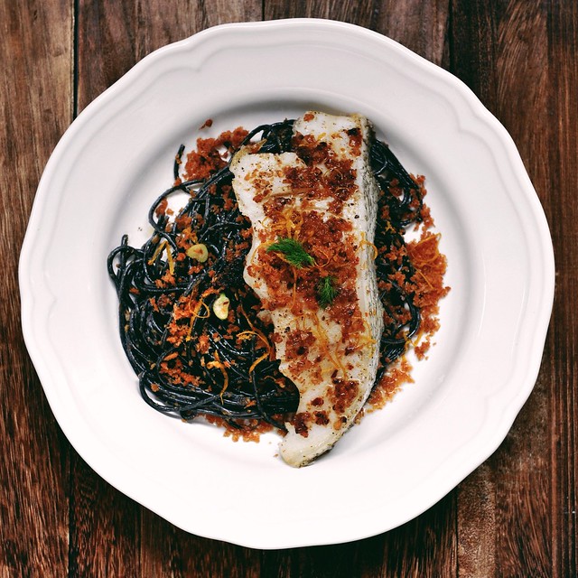 Fennel Squid-Ink Pasta with Baked Cod and the Best Chocolate Pudding