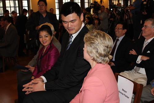 February 15th, 2013 - Yao Ming speaks with Houston Mayor Annise Parker before being presented a proclamation as well as a key to the city