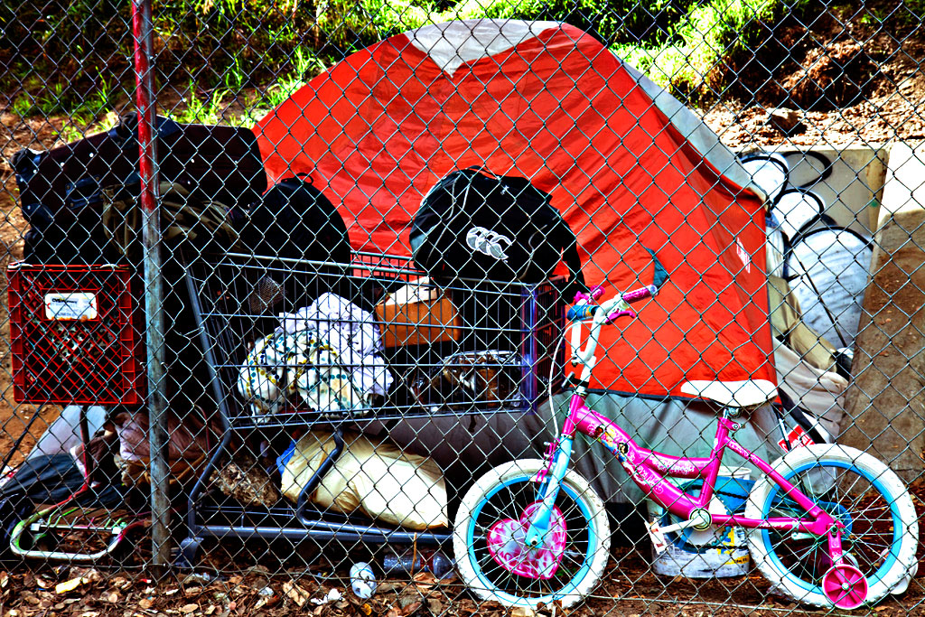 Tent-with-kid's-bike--Oakland