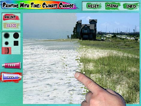氣候變遷的時空畫筆由紅丘工作室設計，透過時間軸的變化，讓玩家輕易觀察到地球暖化所造成的環境變遷。圖片來源：Red Hill Studios