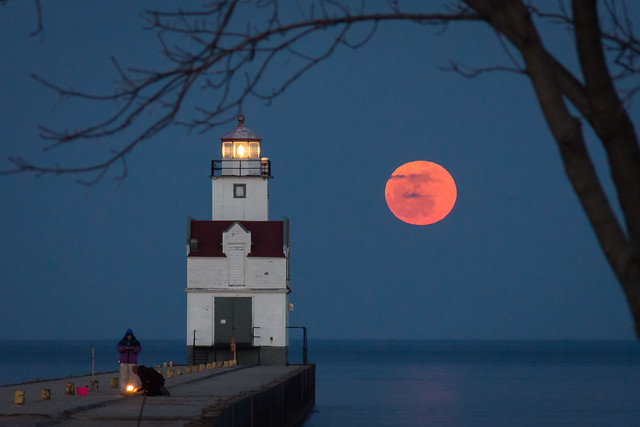 Full Moon, Lighthouse, Kewaunee, Wisconsin, Night, Evening, Lake Michigan