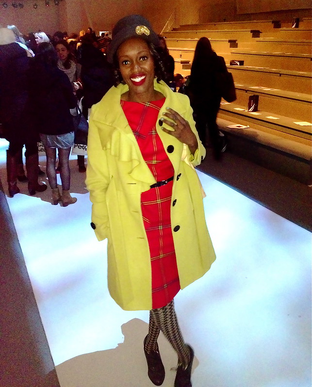 nyfw, red plaid dress, mustard coat, style for hire