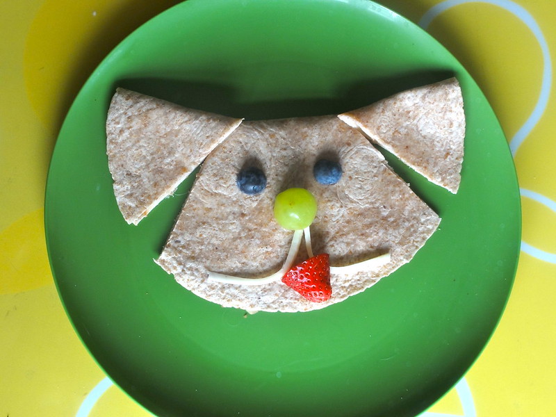 Easy Puppy lunch made with a tortilla wrap.  Simply fold over a wrap to make a turkey sandwich, and add fruit and string cheese for his face!  So fun!  By CreativeKidSnacks.com