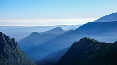 Dolina Rybiego Potoku, Gorce i Beskidy w porannej mgle. Ze szlaku przez Świstówkę