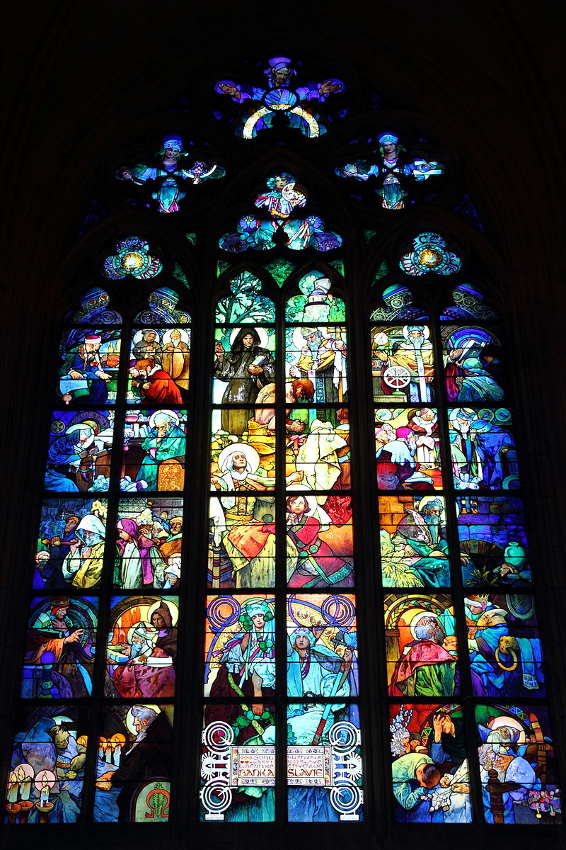 Mucha's stained glass window in St. Vitus Cathedral inside Prague Castle