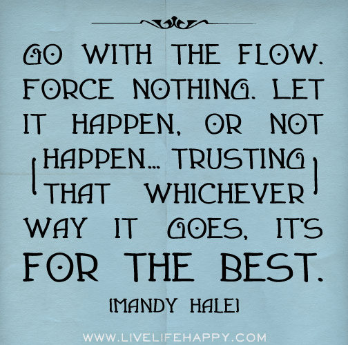 Go with the flow. Force nothing. Let it happen, or not happen..trusting that whichever way it goes, it's for the best. - Mandy Hale