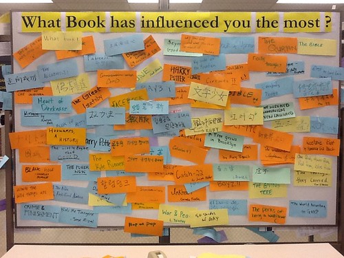 A bulletin board was entirely covered front and back with students' favorite books.