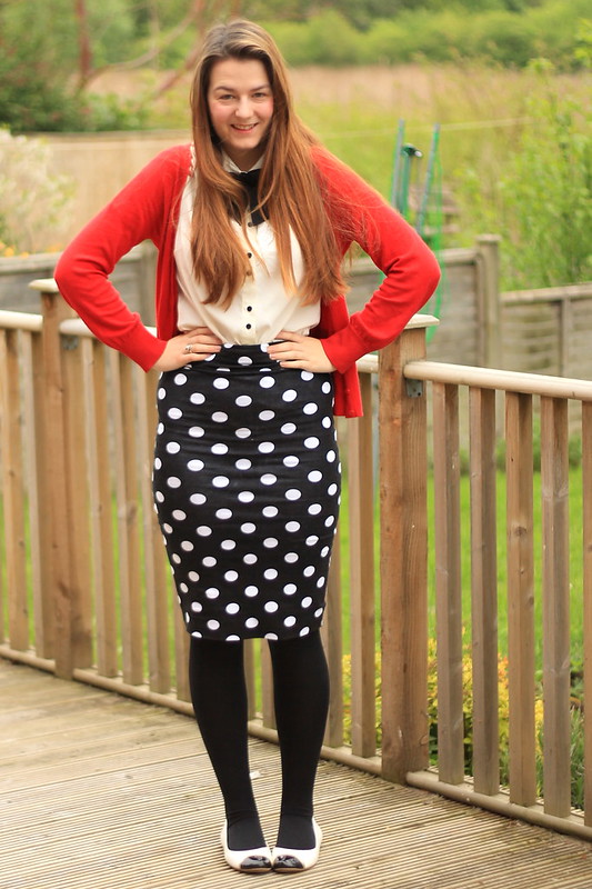 OOTD, outfit of the day, red cardigan, bow tie blouse, polka dot pencil skirt, tights, flats