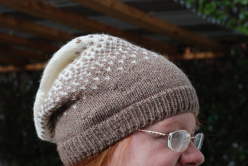 Brown and white colorwork stranded slouchy hat