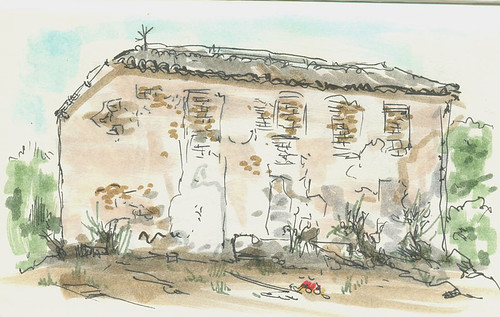 Dibujo de una casa abandonada en una aldea