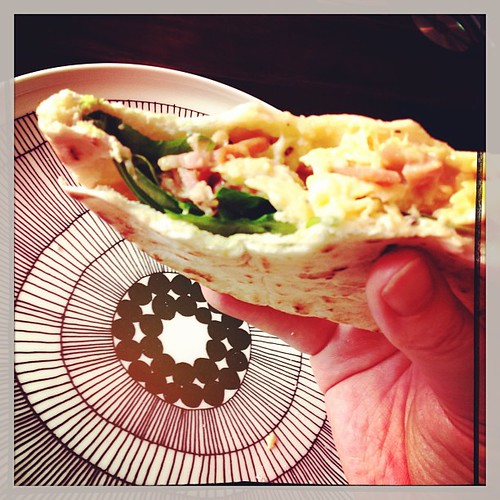 And yummy breakfast! Scrambled eggs, spinach and bacon in a pita bread!