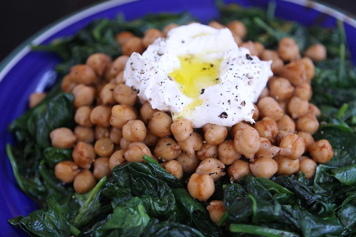 Wilted Spinach with Spicy Garbanzo Beans and Labne