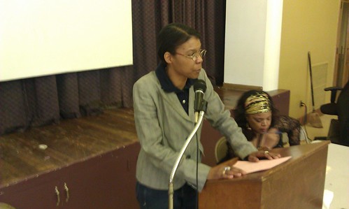 Atty. Vanessa Fluker, an expert on foreclosure litigation, addresses the Moratorium NOW! Coalition public meeting on the role of the banks in the financial ruin of Detroit. The event was held at Central United Methodist Church. (Photo: Abayomi Azikiwe) by Pan-African News Wire File Photos