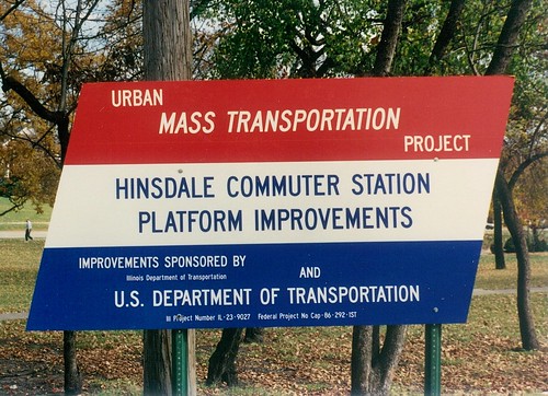 Improvements coming soonto the Hindsdale Metra commuter rail station.  Hindsdale  Illinois.  November 1989. by Eddie from Chicago