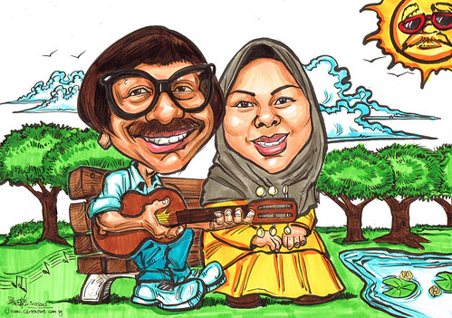 Dad & Mom caricatures strumming guitar at the park - A4