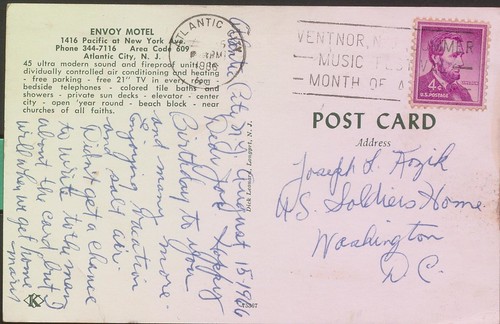 Postcard mailed to a resident of the US Soldiers Home