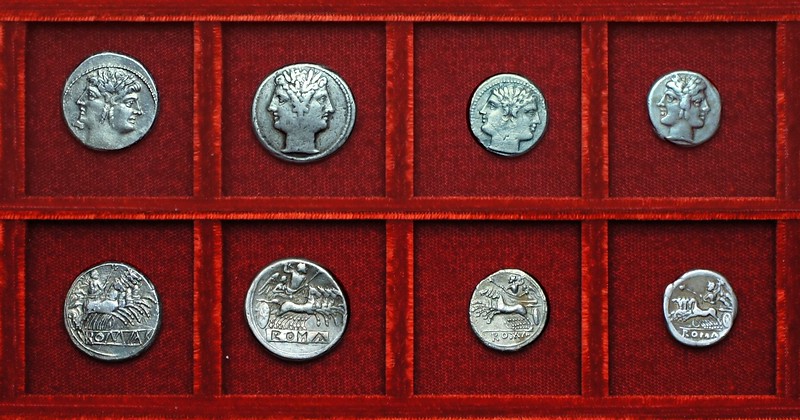 RRC 028 late issue quadrigatus, RRC 30 quadrigatus, RRC 29 and RRC 28 half-quadrigatus drachms, Ahala collection coins of the Roman Republic