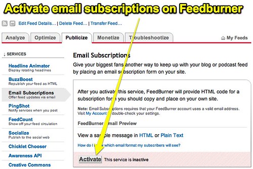 Activate email subscriptions on Feedburner