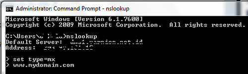 command prompt nslookup exe set type mx domain