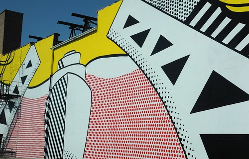 Urban art, Roy Lichtenstein, industrial painting, pop art, bridge, comic book style, ad on building, freeway, Chicago, Illinois, USA by Wonderlane