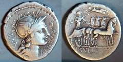 RRC 367/1 L.SVLLA IMP L.MANLI PRO.Q. Cornelia Denarius. Roma, Sulla in Quadriga, variety of RRC367/1, with new control number 1 (with bar) in reverse field (see RRC pp.386-387 for comment). Mint moving with Sulla, 82BC.