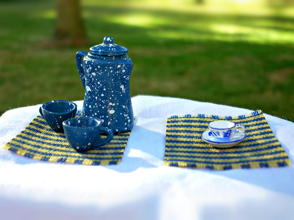 Blue Enamel Coffee Pot and Teacup