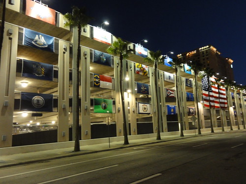 Wall of flags on parking garage