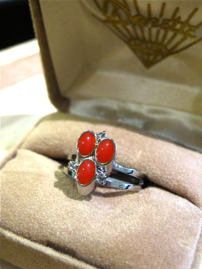  1960s red and silver-tone adjustable ring. New old stock.