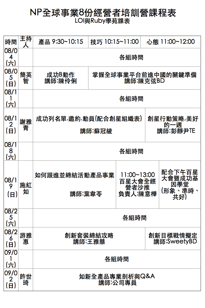 NP全球事業 臺北總部  2012年8月份課程表 02