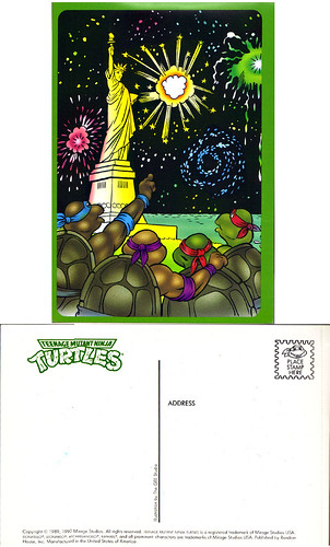 Random House:: Teenage Mutant Ninja Turtles - "GREETINGS FROM THE SEWER" POSTCARD BOOK  ; 'Ellis Island FireWorks' ..art by Gill Fox (( 1990 ))