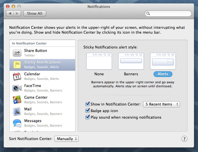 Notifications pane in System Preferences