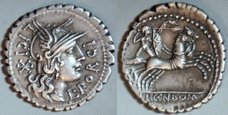 282/5 L.LIC.CN.DOM, L.PORCI LICI  Licinia, Porcia Denarius. Roma, Bituitus in biga, holding shield and carnyx, and hurling spear. Gaul Narbo, 118BC.