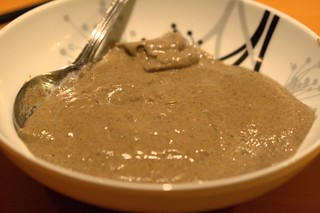Closeup photo of a bowl of cream of mushroom soup