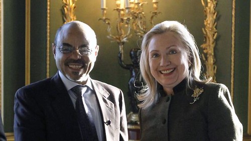 Ethiopian Prime Minister Meles Zenawi with US Secretary of State Hillary Clinton. With Meles reportedly critical ill in Belgium, which way is the Horn of Africa state headed? by Pan-African News Wire File Photos