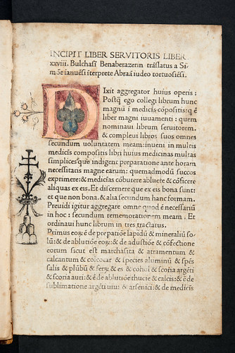 Decorated intial and book stamp in Abulcasis: Liber servitoris de praeparatione medicinarum simplicium