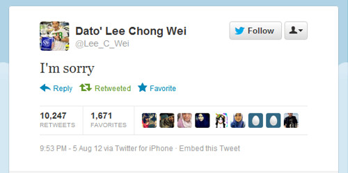 Tweet Lee Chong Wei Minta Maaf