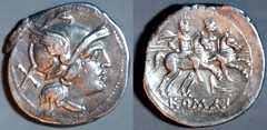 RRC 062/1 rostrum tridens Roma Dioscuri Denarius, extremely rare curved visor early rostrum tridens type, Italy 214-208BC
