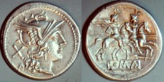 RRC 117/A1 Rudder Roma Dioscuri Denarius. Rome 206-195BC.