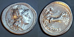 197/1a Anonymous Roma Victory holding a goad, in a biga of horses, Denarius. Rome 157-156BC. Marvellous flan.